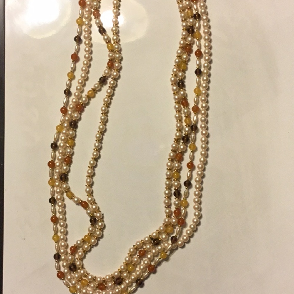 Vintage Marvella Necklace 28”;Faux cream pearls; light brown & orange beads.